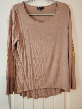 POL Long Sleeve Scoop Neck Top Acid-washed Tan Gold Sequin Elbow Patches Small